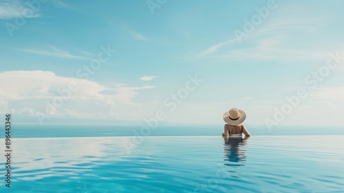 Summer holiday concept with a happy woman with sunhat sitting at the edge of a big infinity pool with view : Generative AI