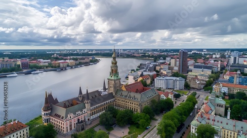 Aerial view of the Latvian academy of sciences in Riga in a summer cloudy day Latvia It was built between 1953 and 1956 dominates the skyline standing at 108m tall : Generative AI