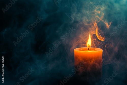 Candle aflame amidst dim and smoky surroundings