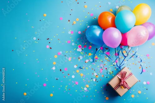 Colorful balloons and confetti escape from a gift box in a birthday party flat lay