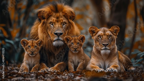 A family of lions in magnificent poses in a forest. A family of lions captured by a wildlife portrait in a dense forest.