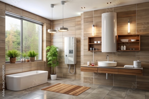 Modern bathroom interior featuring sleek water heater unit mounted on wall, offering eco-friendly alternative for private homes with advanced technology and energy efficiency.