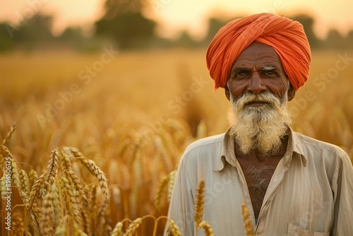 Indian farmer tending wheat field