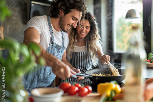 Smiling dating couple cooking together in a cozy kitchen, date activities concept