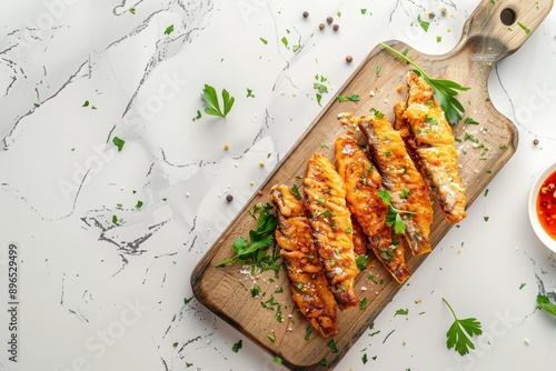 Top view of breaded sardine tapas on a marble cutting board