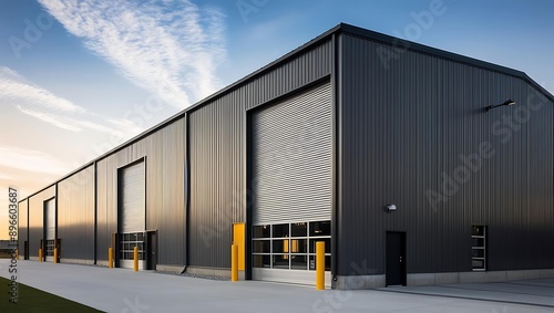 Industrial warehouse building exterior with large windows and doors.