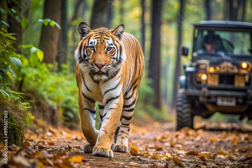 Majestic Indian tiger strides confidently through dense forest, leaves scattered on the ground, as a rugged open-top jeep follows closely in the background.