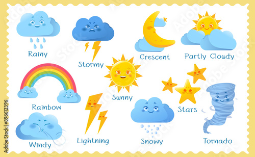 Educational worksheet with weather. Poster with cute cloud, sun, moon, rainbow and lightning characters. Flashcards with weather elements for children. Study and learning. Cartoon vector illustration