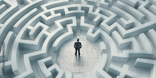 Businessman standing in center of circular maze thinking about solution