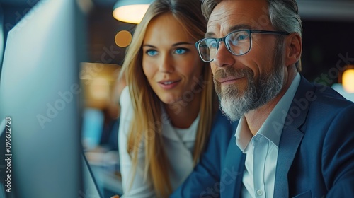 Collaborative Workplace: Two Business Professionals Working Together on Computer.