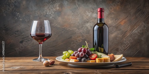 A bottle of wine, a glass of wine, and a plate of appetizers displayed on a table , wine, glass, bottle, plate, food