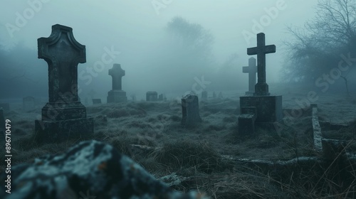 Misty graveyard with ancient tombstones