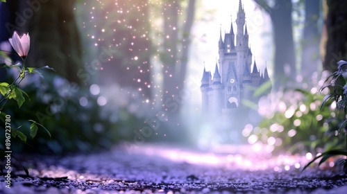 Enchanted forest with a spellbound fairy-tale castle in the distance, surrounded by mystical creatures and glowing magical mist, ethereal lighting and whimsical details