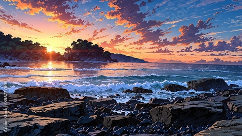 rocky shore at sunset landscape background design cartoon anime illustration