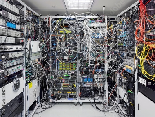 A messy server room with tangled cables. AI.