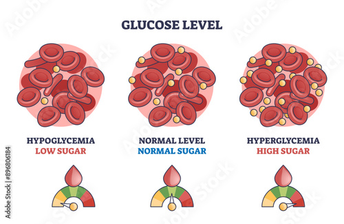 Glucose level with low, normal and high sugar in blood outline diagram, transparent background. Labeled educational scheme with hypoglycemia and hyperglycemia problem monitoring illustration.