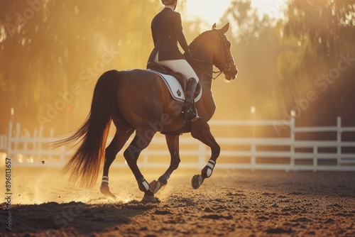 Equestrian Dressage Performance: Elegant image of a horse and rider executing intricate dressage movements in a sunlit arena, with the horse's muscles rippling and the rider's posture poised 