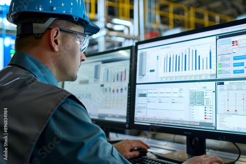 A man wearing a hard hat is focused on his computer, likely analyzing data or working on a project, Engineers visualize data trends on a SCADA system for predictive maintenance