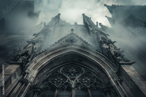 A gothic cathedral with smoke billowing out from its structure, Experiment with the use of flying buttresses to support towering Gothic structures