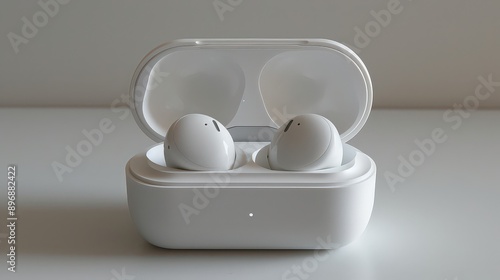  close-up of wireless earbuds in their charging case, set against a white background to emphasize their compact design and portability.