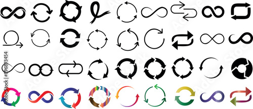 Infinity symbol, loop icon, cycle designs in black and color variations. Perfect for endless concepts, continuity, repetition, and abstract shapes. Ideal for graphic elements and mathematical represen