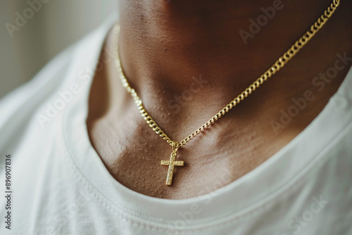 Close-up of a man's neck wearing a delicate gold cross necklace jewelry accessory. Religion, spiritual faith, belief elegance, and simplicity. 