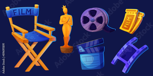 Film oscar, popcorn and cinema icon cartoon vector set. Movie element isolated symbol for hollywood festival. Clapperboard, director chair and tape reel filmmaking design concept. Premiere graphic