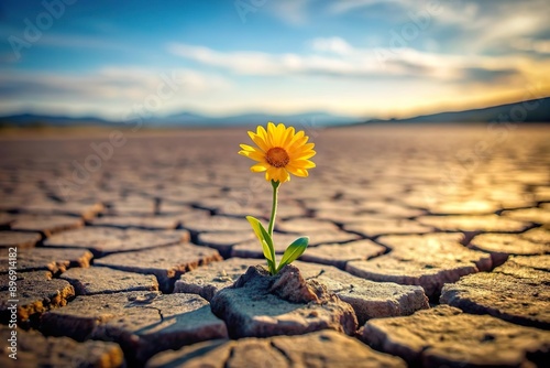 lone daisy flower grow on barren cracked land. Environmental resilience and restoration