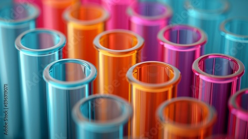 Rows of colorful glass test tubes, arranged in a laboratory