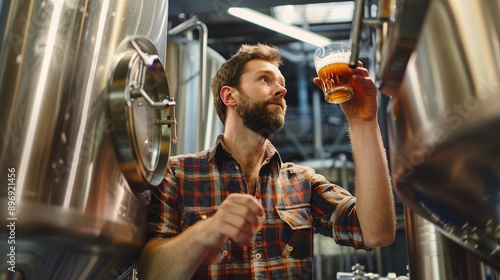 Low angle view of manufacturer examining beer glass at brewery