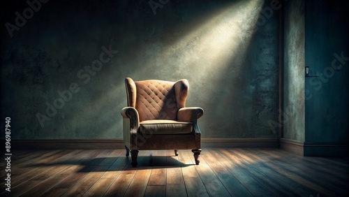 Ominous shadows engulf a dimly lit, atmospheric room, where a lone, worn armchair stands, illuminated by dramatic, contrasting light, evoking insomnia and dark forebodings.