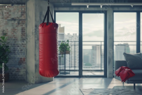 A red punching bag hanging in a modern living room, indicating an indoor workout space for kickboxing or boxing exercises.