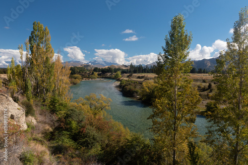 The Hawea River through the countryside between Lake Hawea and Albert Town, Otago, South Island, New Zealand.