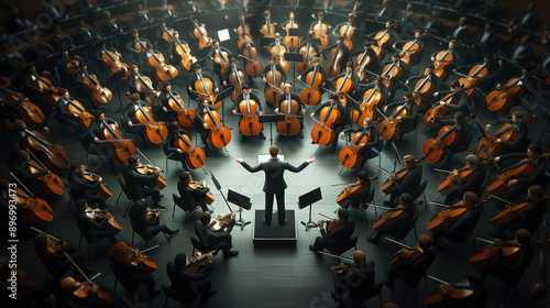 A conductor leading a large orchestra with musicians playing string instruments, viewed from above.