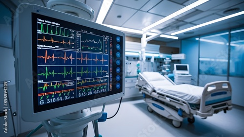 Advanced Vital Signs Display in modern Hospital, High-Tech Equipment in Action, Innovative Medical Technology, AI to predict patient outcomes and improve care.