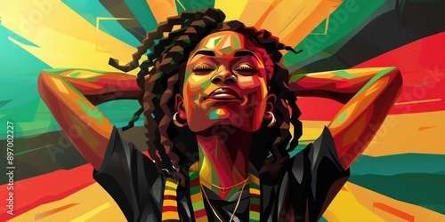 A modern art portrait of a woman in traditional rasta attire with vivid colorful background.