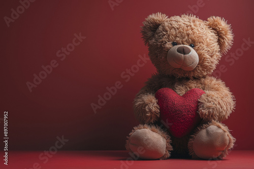 a cute teddy bear holding a red love heart, studio shot against a red background