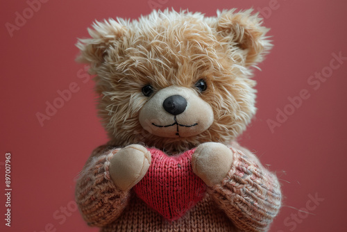 a cute teddy bear holding a red love heart, studio shot against a red background