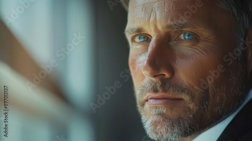 Close-up portrait of a man with intense blue eyes, looking directly at the camera. He has a confident expression, with a hint of determination.