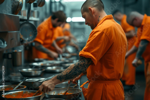 Several uniformed inmates in a prison kitchen preparing food in a productive penitentiary workshop