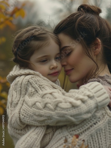 A heartwarming moment of motherly love between a woman and her young daughter, embracing each other in a warm hug