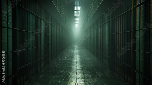 A corridor of cells, typically found in prisons or detention centers. The corridor is long and narrow, with metal bars on either side, forming a cage-like structure