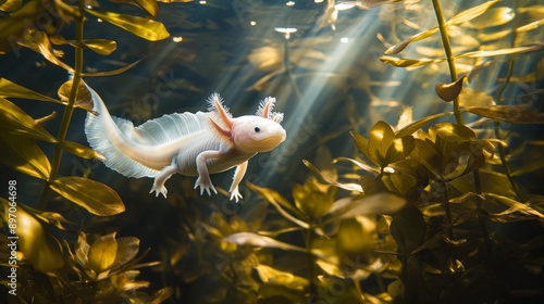 Axolotl Swimming Gracefully Among Aquatic Plants with Sunlight Rays