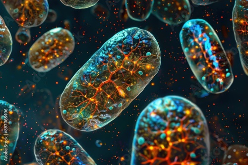 Microscopic view of mitochondria in plant cells, highlighting their unique structure and function, high detail, photorealistic, scientific accuracy