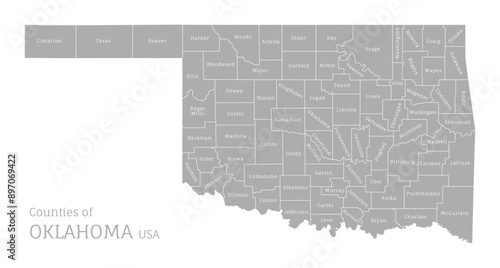 Gray map of Oklahoma, federal state of USA. Silhouette of Oklahoma abstract outline editable map with borders and flag of federal state realistic vector illustration