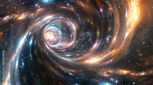 Close-up of a wormhole bending the fabric of space-time with stars around