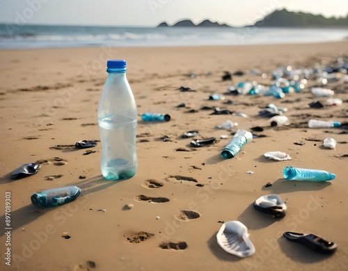 Concetto di inquinamento del mare e degli oceani, rifiuti non biodegradabili sulle spiagge e litorali