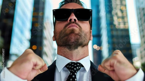 Confident man in suit with sunglasses posed against modern skyscrapers, embodying success and determination.