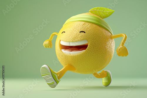 A cheerful, animated lemon character with a headband and sneakers, running joyfully against a green background, perfect for healthy living themes.