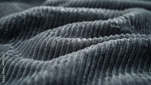 Detailed closeup image showcasing the intricate texture of gray corduroy fabric